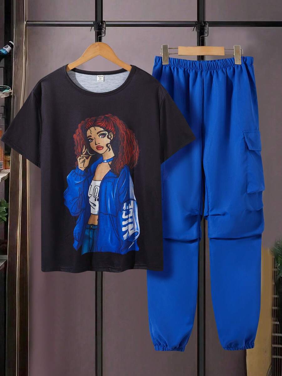 Teen Girl Portrait Printed Short Sleeve Top And Solid Color Pants Summer Cool Streetwear 2pcs/Set - Blue - View 1
