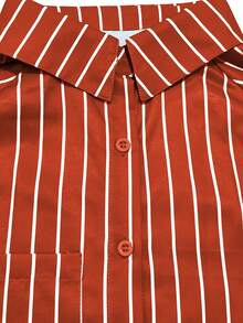 Plus Button Puff Sleeve Striped Shirts - Orange - View 3