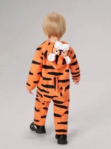 SHEIN 2入組寶寶男孩休閒3D老虎紋帽衣和長褲套裝 - 橘色 - 查看 2
