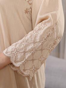 Elegant Embroidered Arabic Dress, JALABIA Floral Lace Sleeve V-Neck Dress, Graceful Spring/Summer 2025, RAMADAN, Eid Al Adha - Apricot - View 3