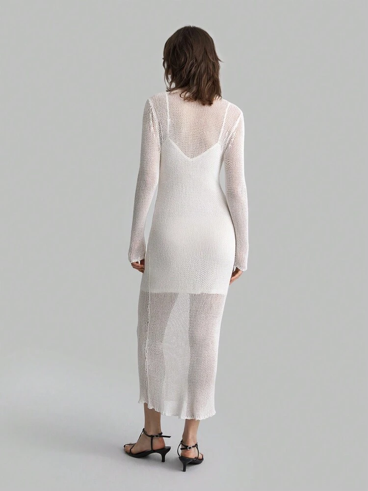 Women Hollow-Out Knitted Long Sleeve Dress, White, Fall Season