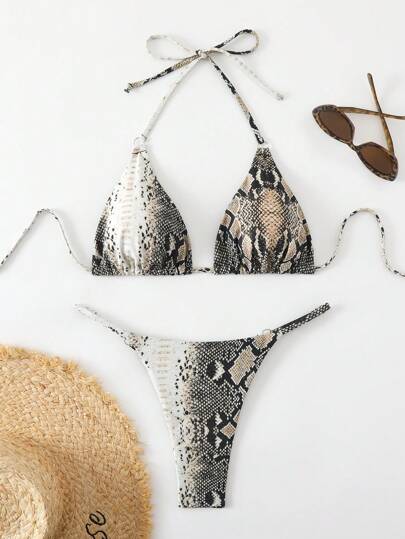Swim Vcay 2pcs Women Snakeskin Print Halter Tie Sexy Bikini Set, Beach Vacation 2025 Summer