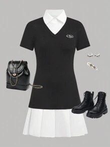 SHEIN Teen Girl Back To School Metal Decor Lapel Short Sleeve Pleated Patchwork Fitted Dress