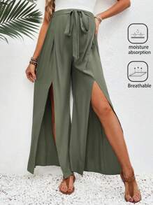 SHEIN Quần ống rộng xẻ dây rút thông thường dành cho bà bầu - xanh quân đội - Xem 1