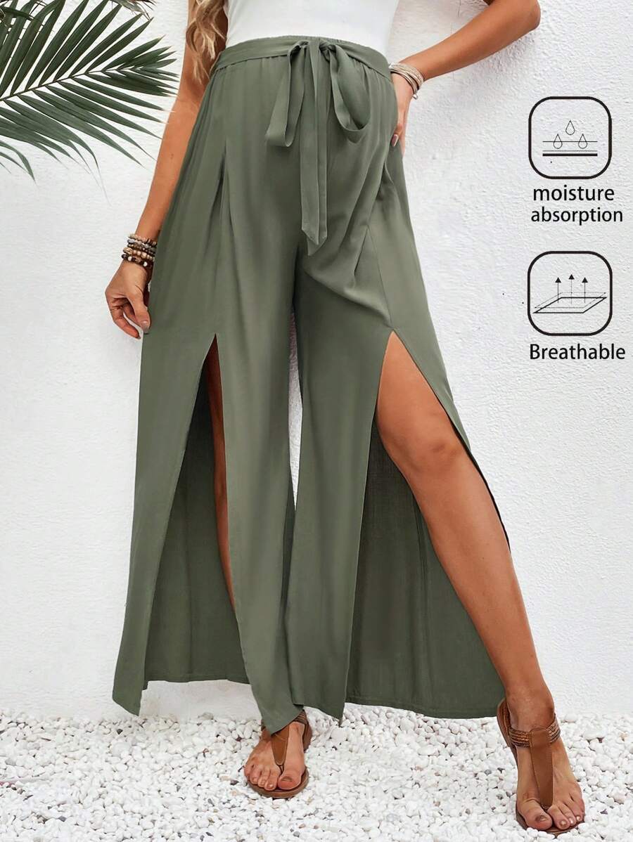 SHEIN Quần ống rộng xẻ dây rút thông thường dành cho bà bầu - xanh quân đội - Xem 1