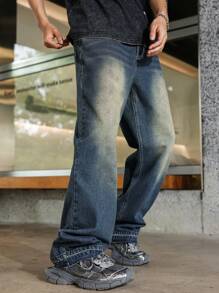 Jeans retro holgados de dos tonos en azul oscuro para hombres - Azul lavado oscuro - Ver 6