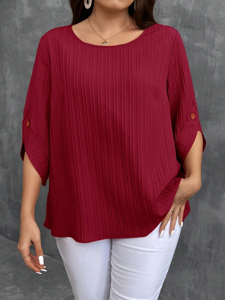 SHEIN LUNE Plus Solid Button Detail Blouse - Red - View 1