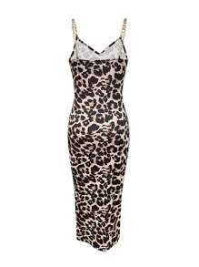 Calvaya Bodycon Knit Dress With Metal Chain Shoulder Straps, High Slit And Printed Pattern Maxi Women Outfit