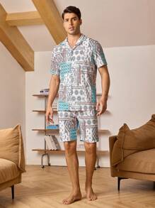 Men Patchwork Print Top & Shorts PJ Set / Pajama Set