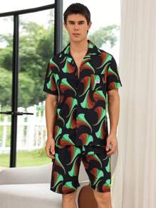 Men Allover Print PJ Set / Pajama Set For Daily