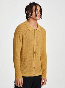 Manfinity Hypemode Cardigan Masculino Sólido com Botão Frontal para Uso Diário - Amarelo Mustarda - Ver 6
