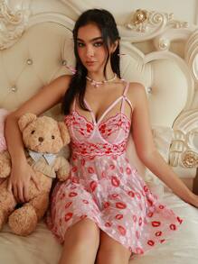 SHEIN 2pcs/Set Women's Sexy Lace Sleepwear Dress And Thong, Two-Tone Lingerie - Multicolor - View 4