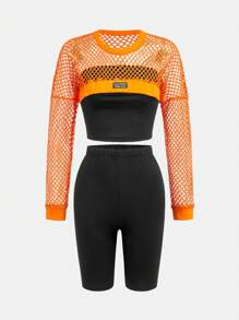 Teen Girl's Summer Casual Cropped Fishnet Top + Solid Color Tube Top + Shorts Set - Multicolor - View 1