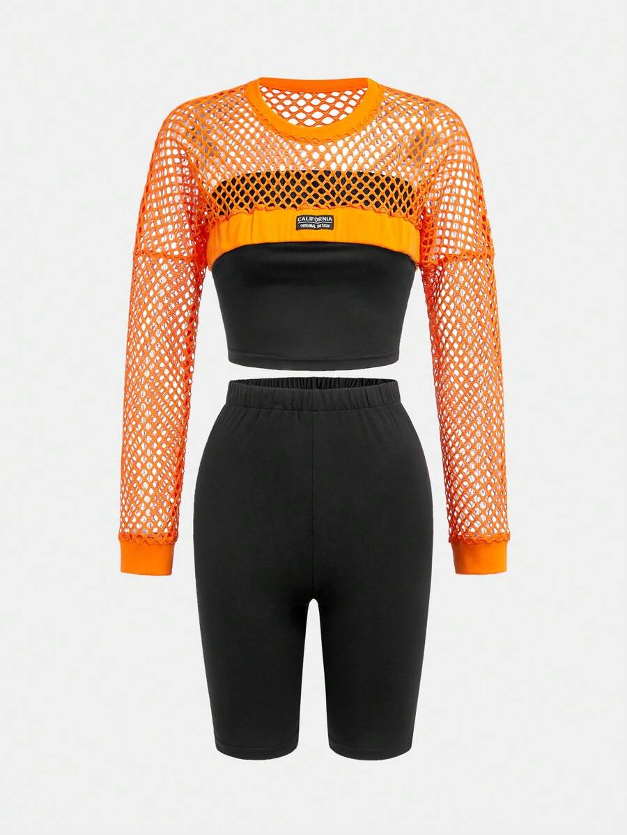 Teen Girl's Summer Casual Cropped Fishnet Top + Solid Color Tube Top + Shorts Set - Multicolor - View 1