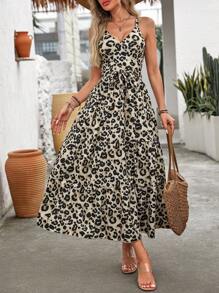 SHEIN Clasi Váy Cami thắt lưng họa tiết da báo - Màu be - Xem 3