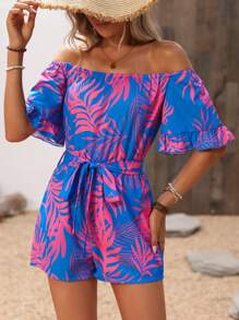 Breezaya Printed Off Shoulder Jumpsuit With Belted Waist And Ruffle Sleeve - Multicolor - View 5
