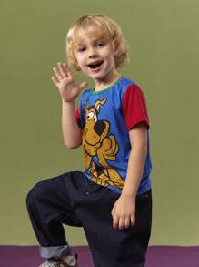 SCOOBY-DOO X SHEIN Young Boy Cartoon Animal Dog Printed Color-Block Round Neck T-Shirt