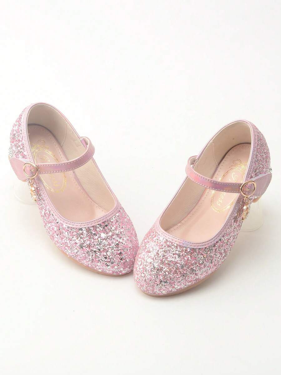 女孩高跟水晶鞋，兒童銀色禮服鞋，適合步行、演奏鋼琴和公主派對的時尚鞋 - 粉色 - 查看 1