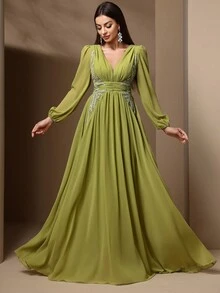 女士 V 领长袖夏季收腰连衣裙 - 綠色 - 查看 3