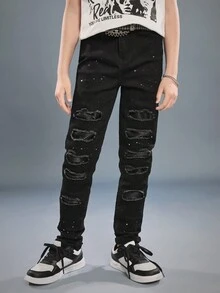 SHEIN Tween Boys' Black Distressed  White Paint Splatter Ripped Frayed Patchwork  Jeans,For Spring/Summer - Black - View 3