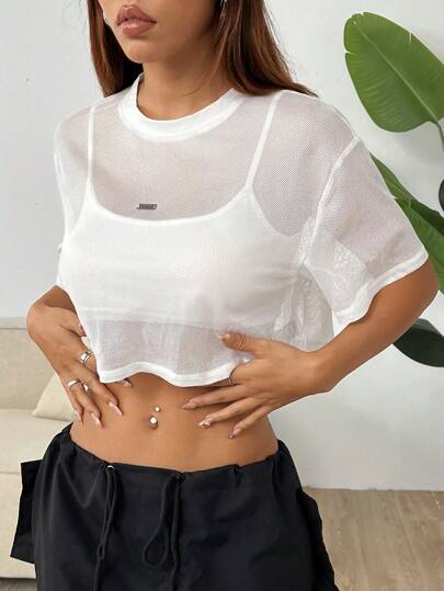 SHEIN EZwear Letter Patched Detail Drop Shoulder Crop Mesh Top