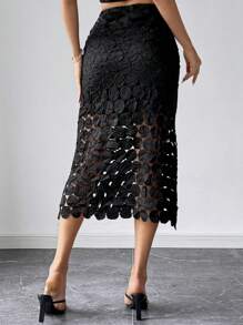 Firerie Women's Black Lace High Waist Mid-Length Halter Skirt,Teacher Clothes,Black Skirt,Fall Clothes,Boho,Suitable For Everyday, Commuting, Parties, Homecoming, Weddings - Black - View 2