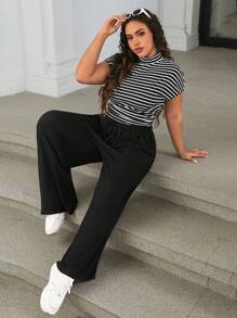 SHEIN EZwear Bộ đồ hai mảnh áo phông sọc đứng cổ đứng cỡ lớn mùa hè và quần dài màu trơn - Màu xám đen - Xem 3