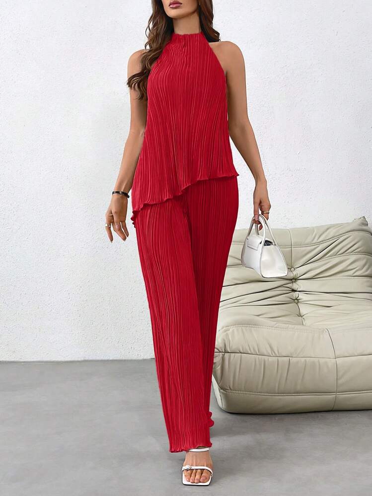 Firerie Conjunto de dos piezas para mujeres con collar de unicolor simple y top de pantalones - Rojo - Añade 1