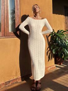 SHEIN VCAY Wakacyjna damska, długa, elegancka sukienka sweterkowa z okrągłym dekoltem i rękawami typu trąbka - Morela - Zobacz 5