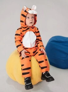 SHEIN 2入組寶寶男孩休閒3D老虎紋帽衣和長褲套裝 - 橘色 - 查看 1