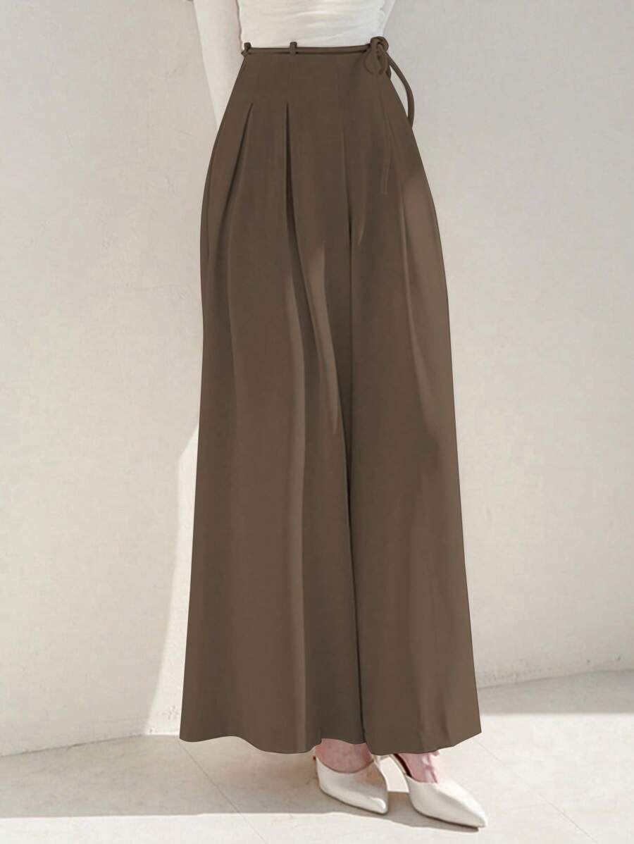 DAZY Women's Solid Colored Wide Leg Pants With Tie Waist - Coffee Brown - View 1