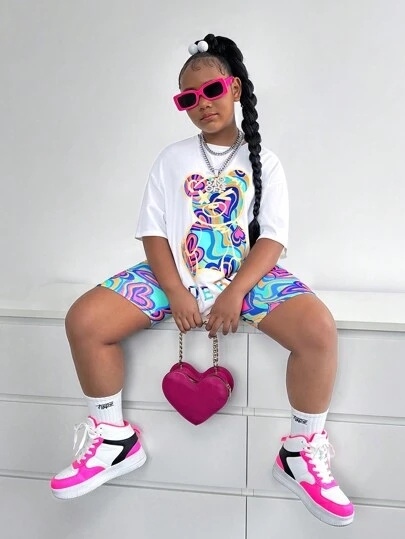 SHEIN Tween Girls Extended Size Streetwear Sporty Casual Knit Round Neck Short Sleeve T-Shirt And Shorts Set, Spring/Summer