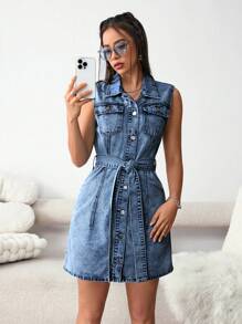 SHEIN EZwear 夏季蓬蓬袖口袋腰帶牛仔裙 - 深色水洗藍 - 查看 3