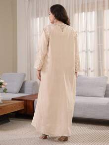 Elegant Embroidered Arabic Dress, JALABIA Floral Lace Sleeve V-Neck Dress, Graceful Spring/Summer 2025, RAMADAN, Eid Al Adha - Apricot - View 8