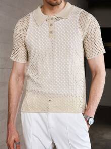 Manfinity Homme Camisa de polo hueca de verano para hombre de manga corta con cuello y tejer de unicolor casual - Albaricoque - Ver 1