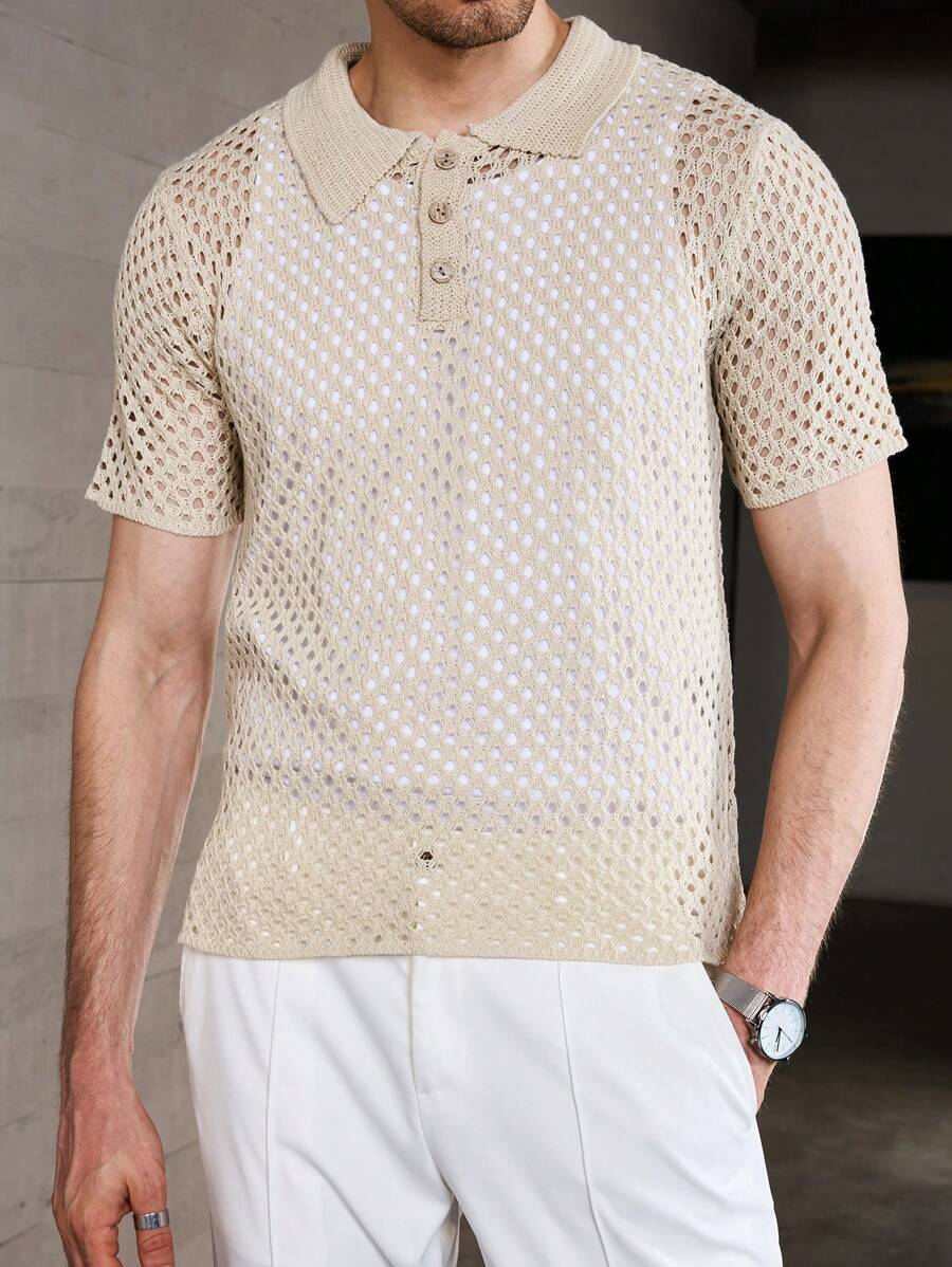 Manfinity Homme Camisa de polo hueca de verano para hombre de manga corta con cuello y tejer de unicolor casual - Albaricoque - Ver 1