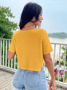 SHEIN EZwear Áo crop top dệt kim màu hồng nóng bỏng cho mùa hè - Màu vàng - Xem 2