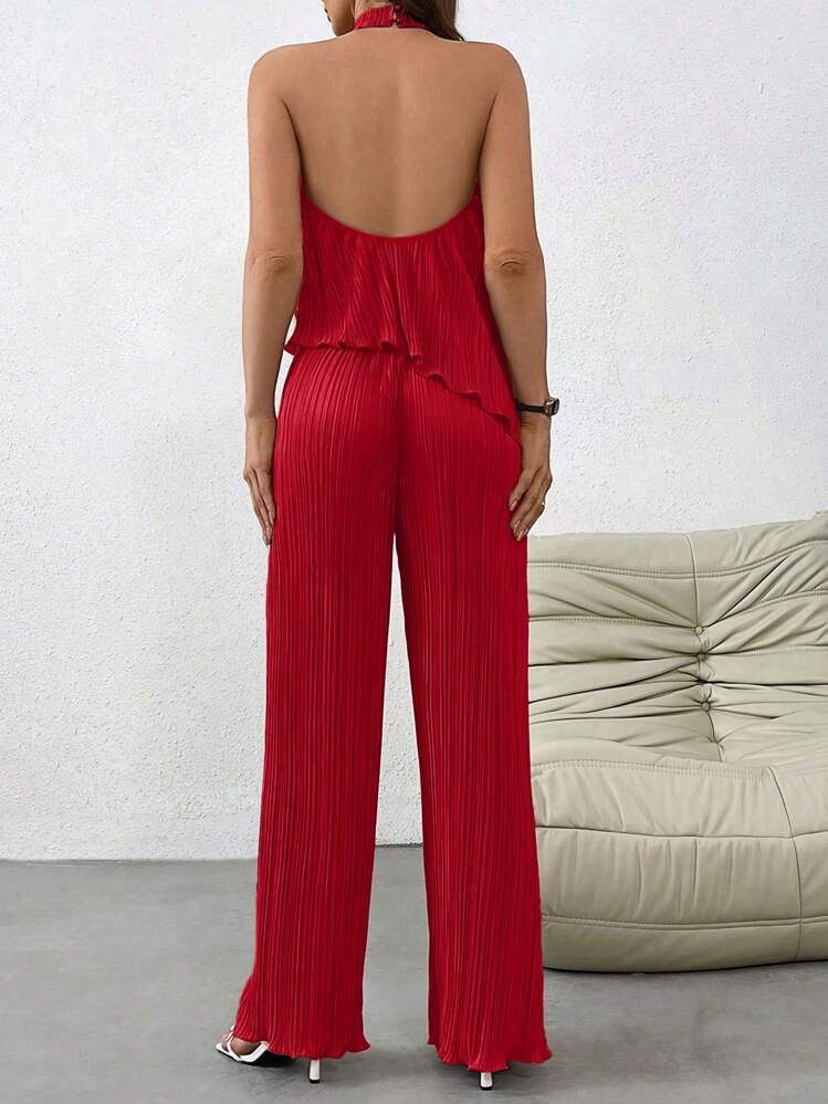 Firerie Conjunto de dos piezas para mujeres con collar de unicolor simple y top de pantalones - Rojo - Añade 2