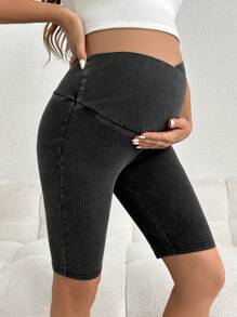 SHEIN Spodenki dżinsowe ciążowe Slim Fit Bermudy Elastyczny krzyż w pasie Czarne