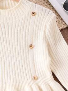 Tween Girls  Button Detail Ribbed Knit Tied Backless Dress - Beige - View 4
