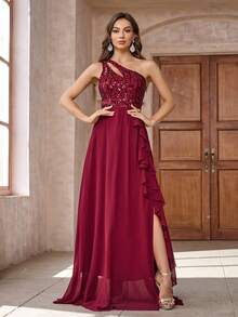 女式亮片拼接前开衩单肩正式晚礼服 - 酒紅色 - 查看 1