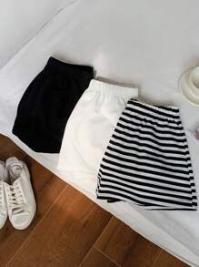 Comfortcana Women's 3pcs/Set Striped Solid Color Combi Shorts Suit, Suitable For Summer Suitable For Going Out Women's Sportswear - Multicolor - View 4