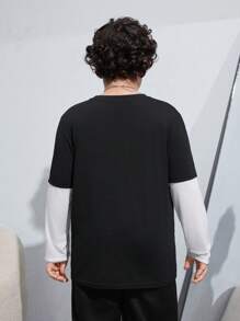 SHEIN Tween Boys Extended Size Color Block Casual 2 In 1 T-Shirt - Black - View 2