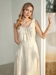 MOTF PREMIUM 實色褶皺設計無背心裙 - 杏色 - 查看 7