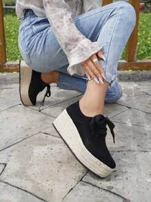 Women's Platform Wedge Shoes, Black Suede Lace-Up Jute Sole, Chic New Casual All-Match Waterproof Thick Bottom Increased Height Shoes, Suitable For Holiday, Daily, Spring Wear