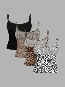 SHEIN EZwear 4 Pcs/Set Plus Size Women's Casual Solid Color Tank Tops, Summer Back To School - Multicolor - View 2