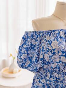 Soleia Resort Style Women's  Printed Off Shoulder Ruffle Hem Top And Wide Leg Long Pants Plus Size 2pcs/Set, Blue-White - Blue and White - View 7