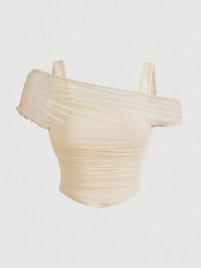 SHEIN MOD 夏季純色網眼露肩杏色上衣