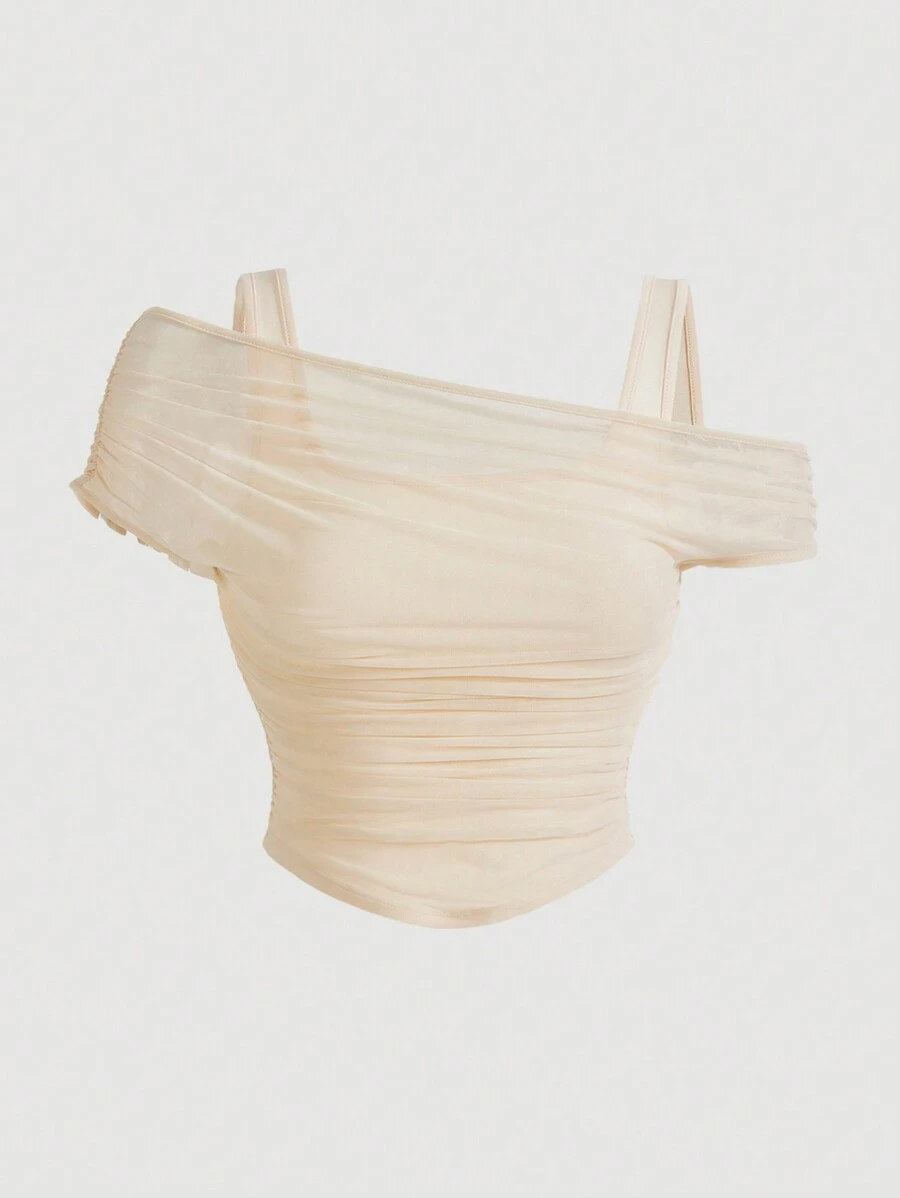 SHEIN MOD Summer Solid Color Mesh See-Through Off-Shoulder Apricot Top Top
