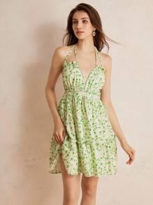 Aveloria Rosie Random Print Halter Neck Backless Sleeveless Dress With Back Ties, Summer - Green - View 6